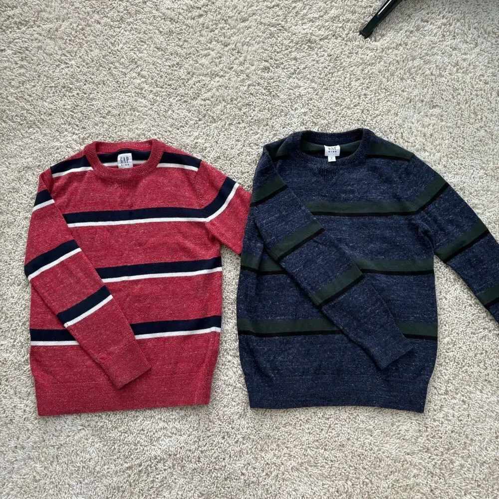 Gap Kids | Boys Sweaters Pullover Crewneck Striped Red Navy Preppy- Medium 8